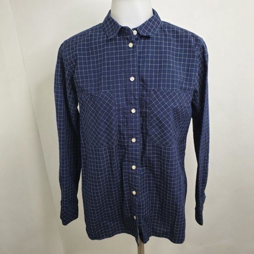 Fossil Top M Plaid Button Up Blue White Check Long Sleeve Work Career Windowpane